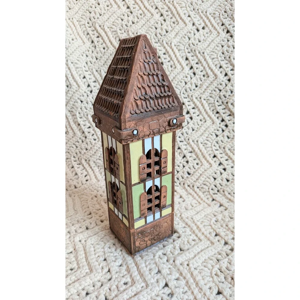Vintage Lithuanian Handmade Clay Tower Tea Light‎ Candle Holder Village House